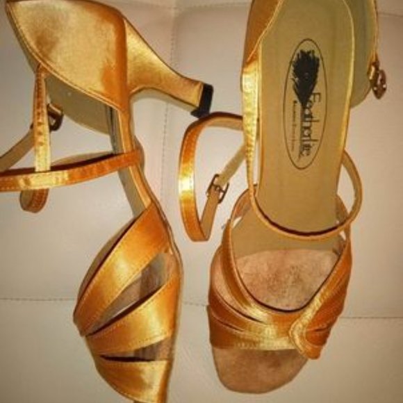Gold and Tan Dance Heels with Strap and Pointed Toe - Picture 5 of 11
